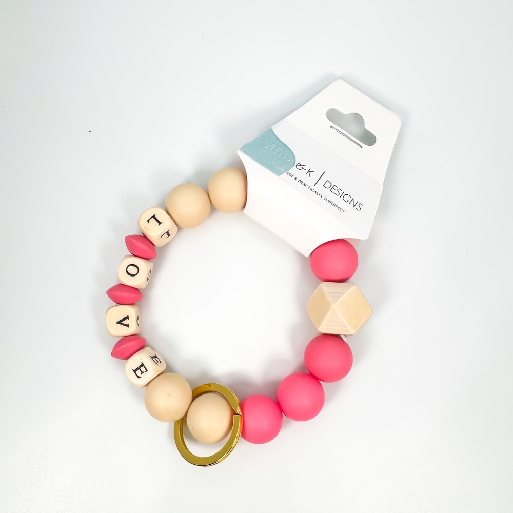 Silicone Beaded Keyring with Wooden Letters - Handmade